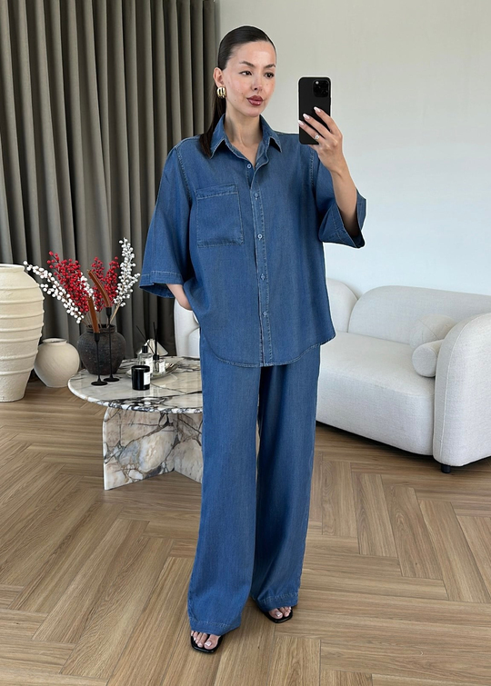 Yarım Kollu Denim Tensel Takım Koyu Mavi
