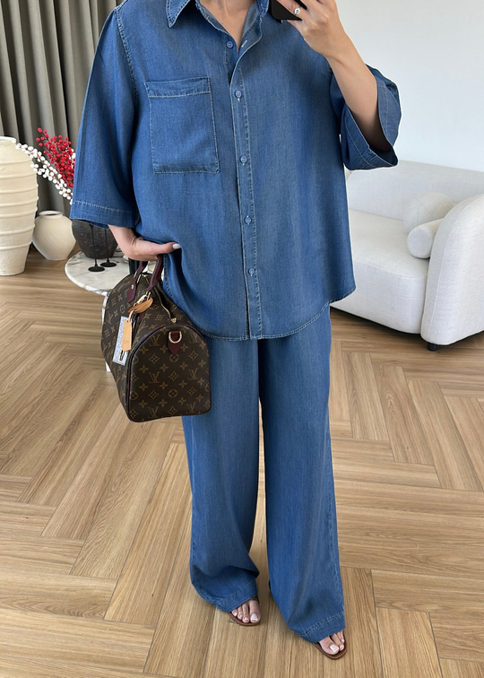 Yarım Kollu Denim Tensel Takım Koyu Mavi