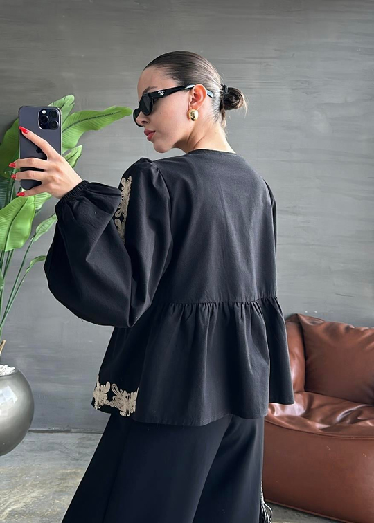 Zarif Nakışlı Kimono SİYAH