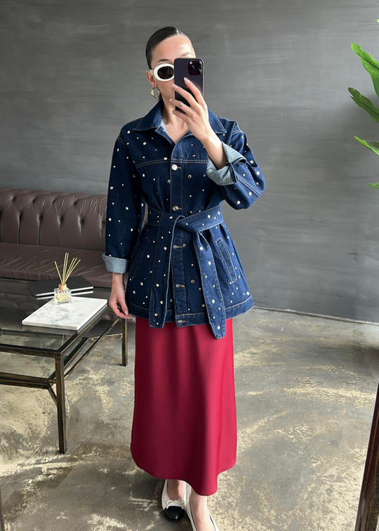 Zımba Detaylı Kuşaklı Denim Ceket KOYU LACİVERT
