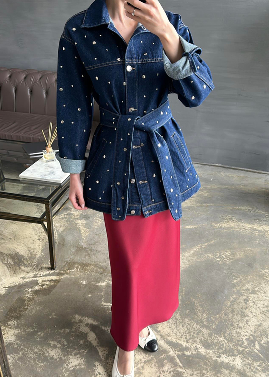 Zımba Detaylı Kuşaklı Denim Ceket KOYU LACİVERT