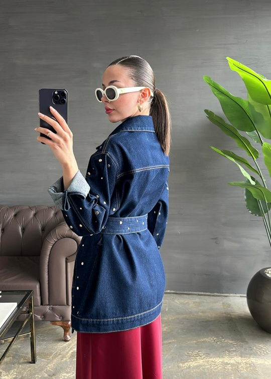 Zımba Detaylı Kuşaklı Denim Ceket KOYU LACİVERT
