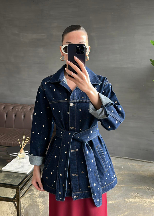 Zımba Detaylı Kuşaklı Denim Ceket KOYU LACİVERT