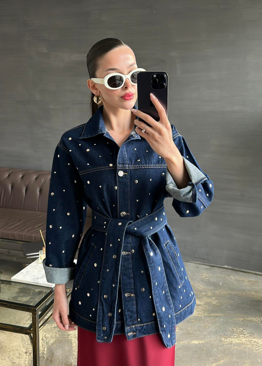 Zımba Detaylı Kuşaklı Denim Ceket KOYU LACİVERT