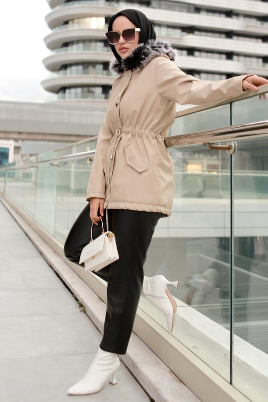 Berfin İçi Kürklü Çift Cepli Tesettür Mont 364 - Taş