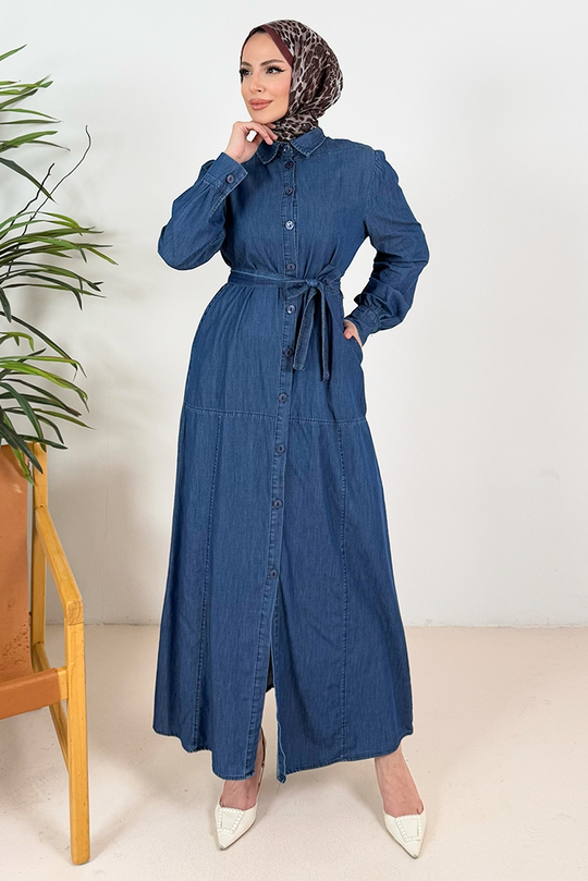 Ersel Boydan Düğmeli Kot Elbise 1391 - Koyu Mavi
