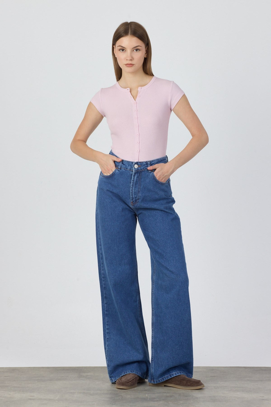 %100 Pamuk Taşlamasız Wide-Leg Jean - İndigo Mavi