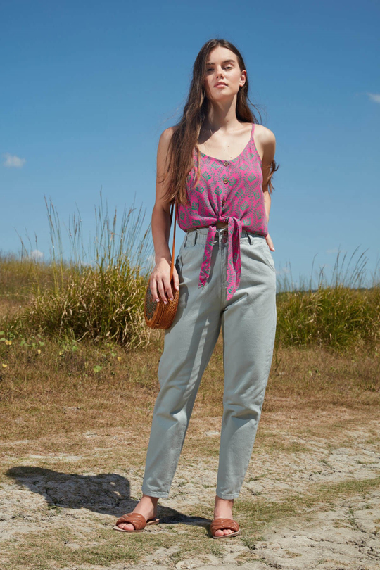 Açık yeşil yüksek belli, beli lastikli pantolon