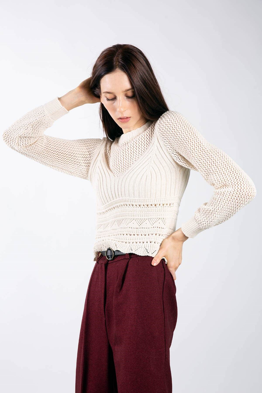 Ajur örme detaylı crop triko crop - Krem Rengi