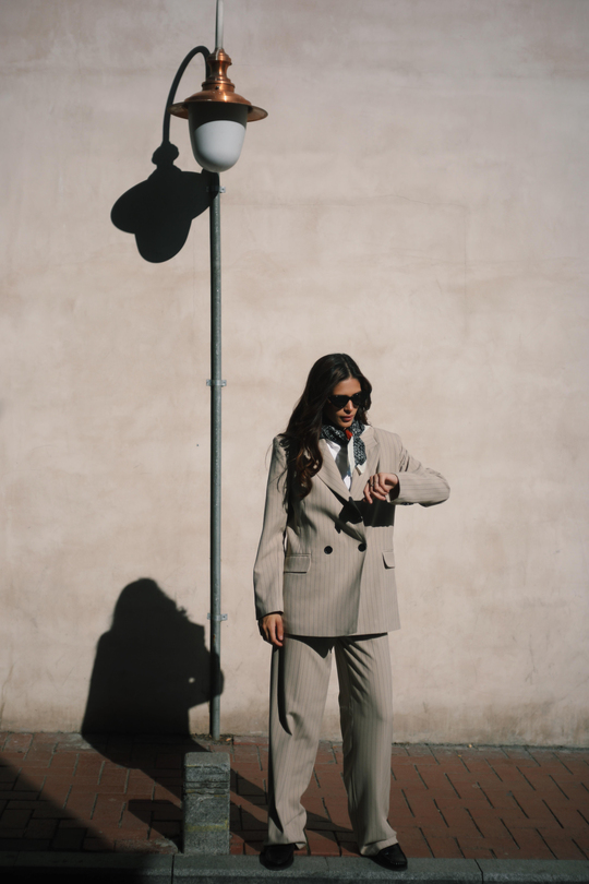 Çizgili Krem Rengi- Kahverengi Pamuk Kadın Ceket Pantolon Takım