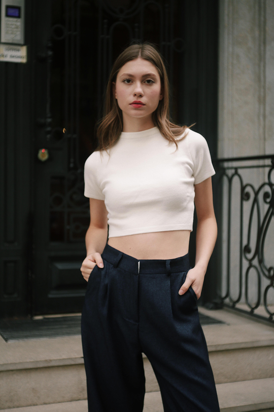 Crop Bisiklet Yaka Kadın Beyaz Triko