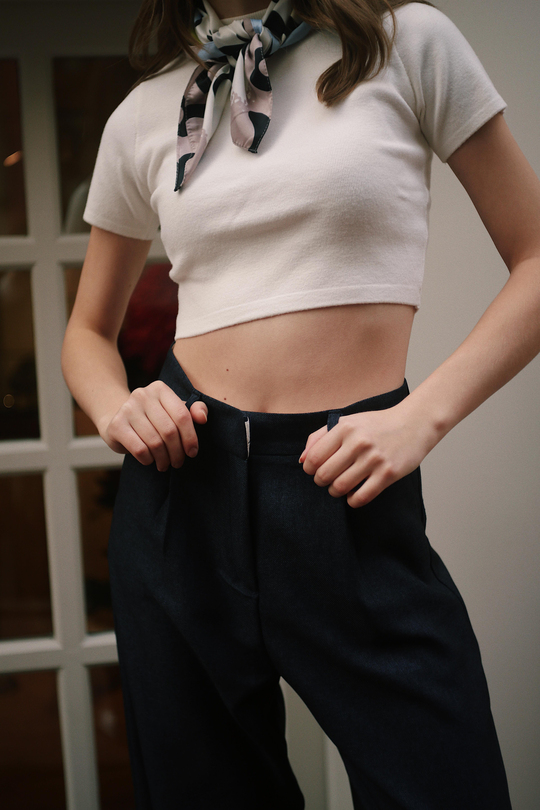 Crop Bisiklet Yaka Kadın Beyaz Triko