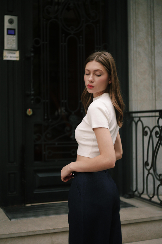 Crop Bisiklet Yaka Kadın Beyaz Triko