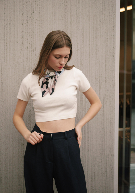 Crop Bisiklet Yaka Kadın Beyaz Triko