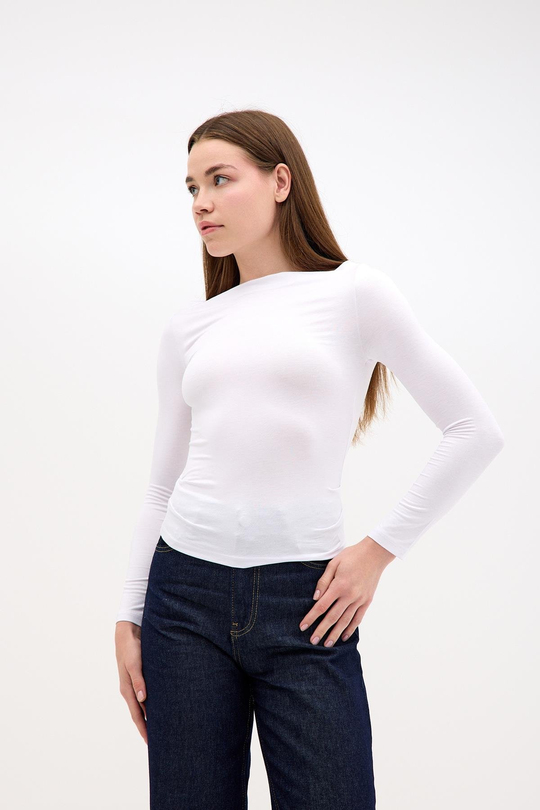 Degaje Kayık Yaka Yanı Büzgülü Pamuklu Beyaz Bluz