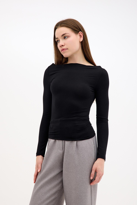 Degaje Kayık Yaka Yanı Büzgülü Pamuklu Siyah Bluz