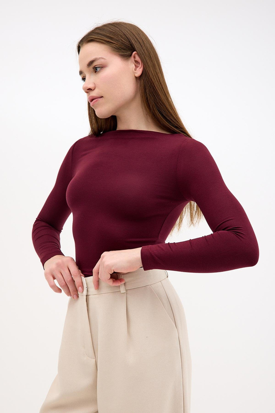 Degaje Kayık Yaka Yanı Büzgülü Pamuklu Bordo Bluz