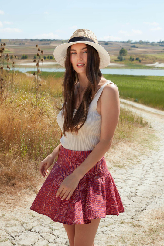 Desenli şort etek - Bordo