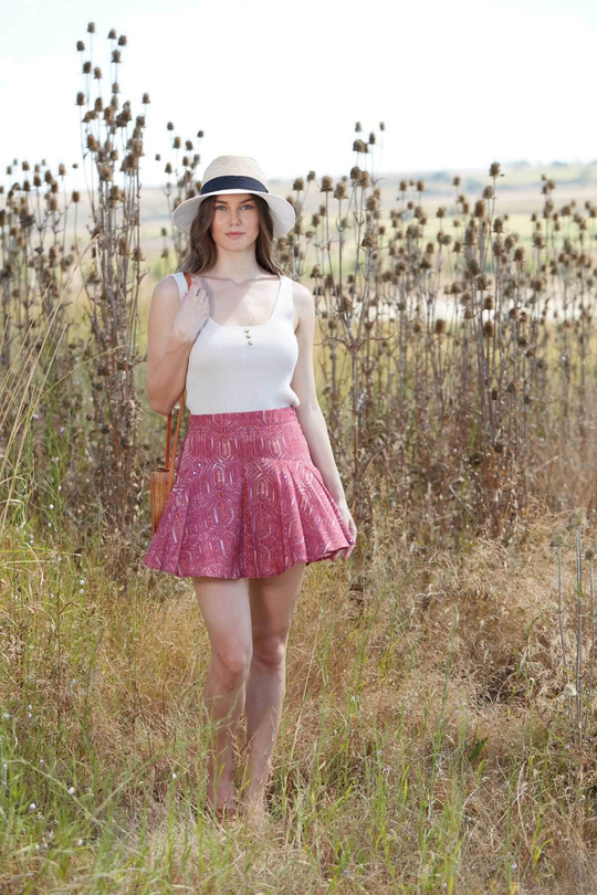 Desenli şort etek - Bordo