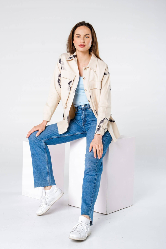 Ekru Batik Desen Kot Görünümlü Cepli Gömlek Ceket