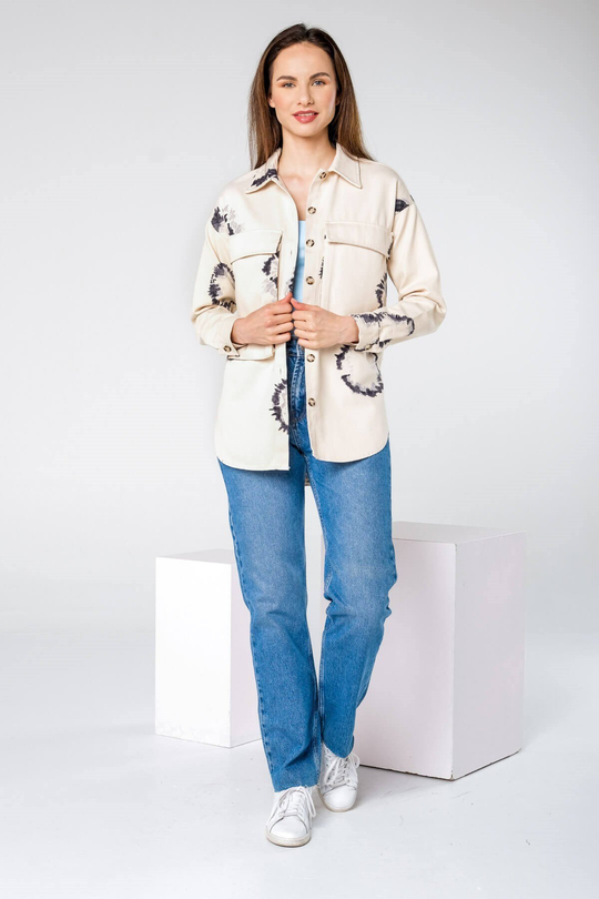 Ekru Batik Desen Kot Görünümlü Cepli Gömlek Ceket