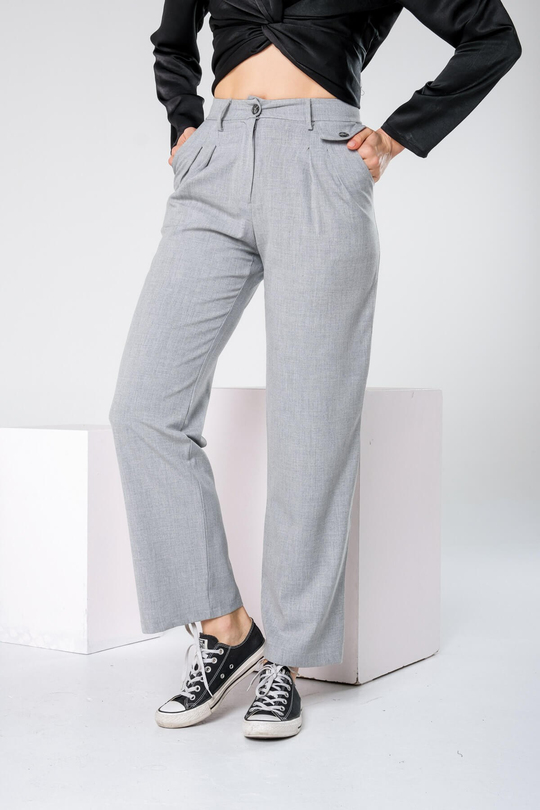 Gri Yüksek Bel Straight Bol Kesim Kumaş Pantolon