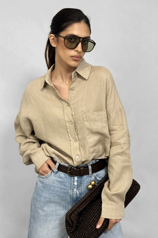 Keten %100 Geniş Cepli Oversize Gömlek - Kum Beji