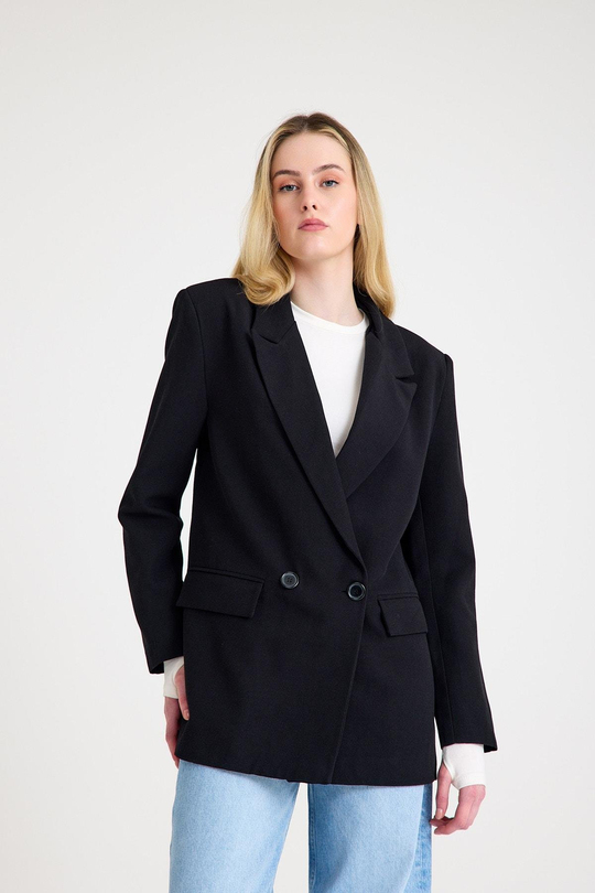 Keten Astarlı Klasik Kruvaze Kadın Siyah Ceket