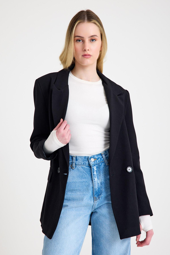 Keten Astarlı Klasik Kruvaze Kadın Siyah Ceket