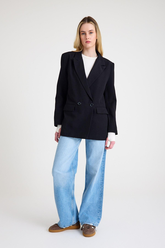 Keten Astarlı Klasik Kruvaze Kadın Siyah Ceket