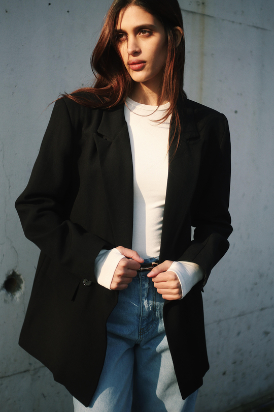 Keten Astarlı Klasik Kruvaze Kadın Siyah Ceket
