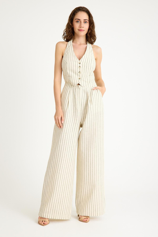 Keten Astarlı Yeşil Çizgili Krem Rengi Boyundan Bağlamalı Tulum