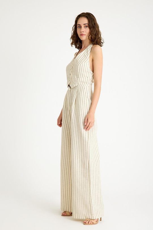 Keten Astarlı Yeşil Çizgili Krem Rengi Boyundan Bağlamalı Tulum