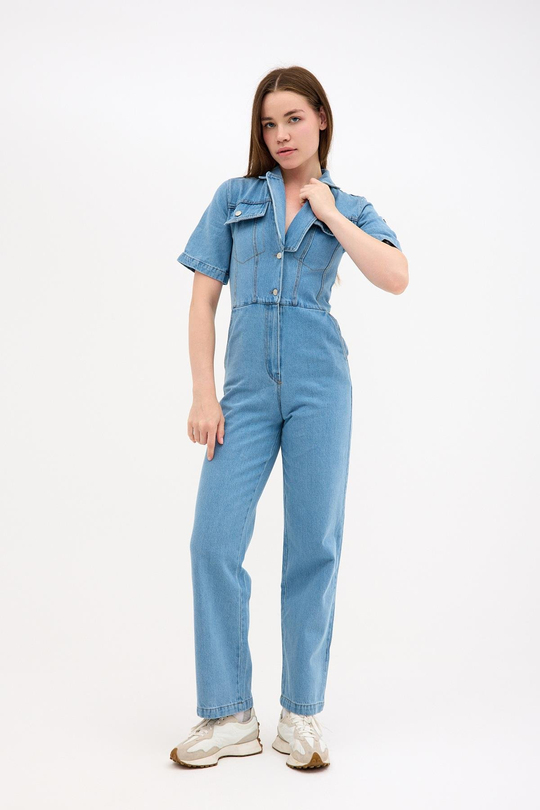 Kısa Kollu V Yaka Detaylı Jean Kot Tulum