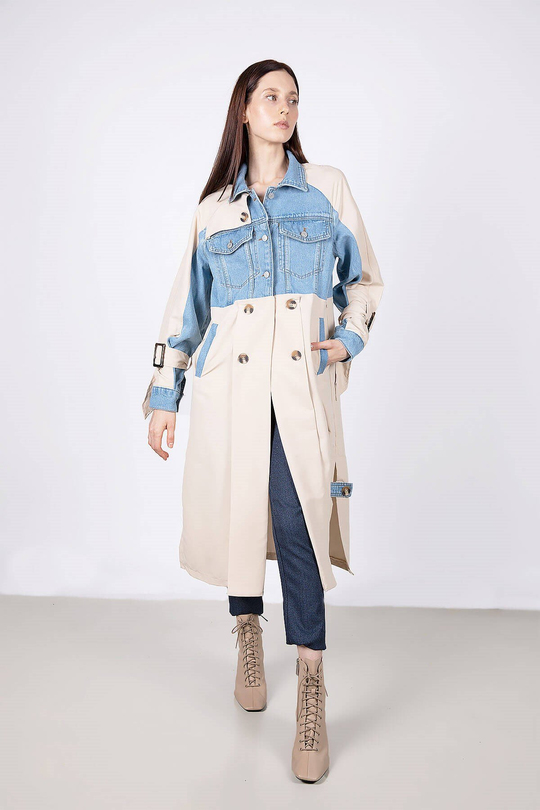 Kot detaylı uzun trençkot
