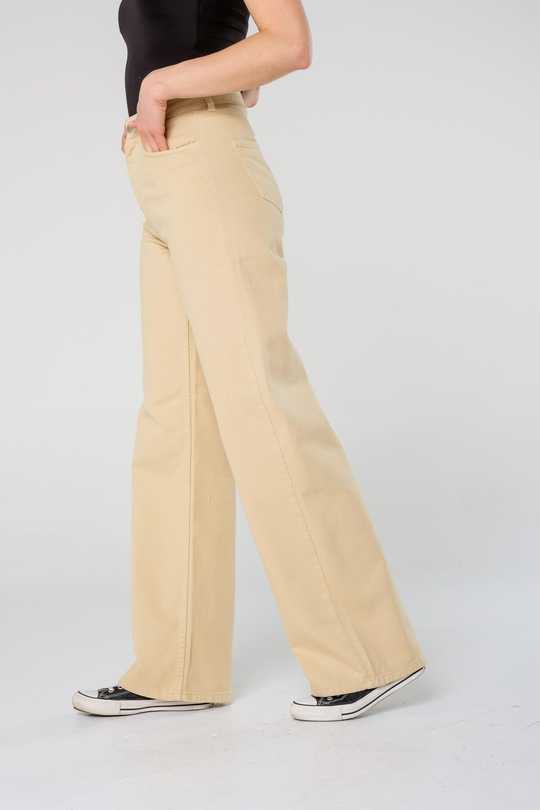 Krem Rengi Yüksek Bel Straight Bol Paça Kot Pantolon