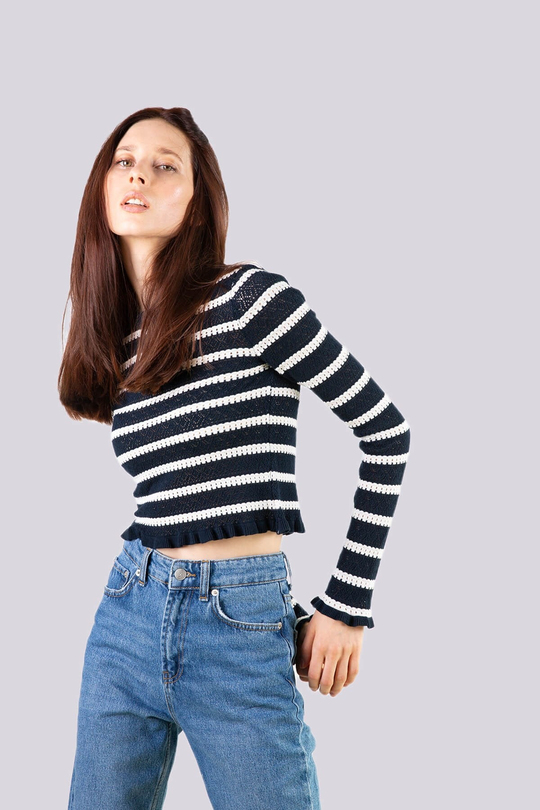 Lacivert Beyaz çizgili crop triko
