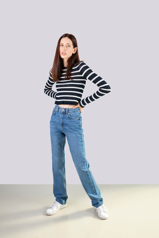 Lacivert Beyaz çizgili crop triko