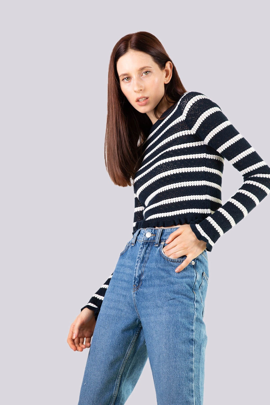 Lacivert Beyaz çizgili crop triko