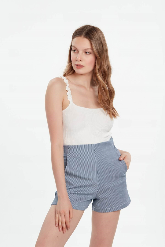 Lacivert beyaz çizgili yüksek bel klasik şort