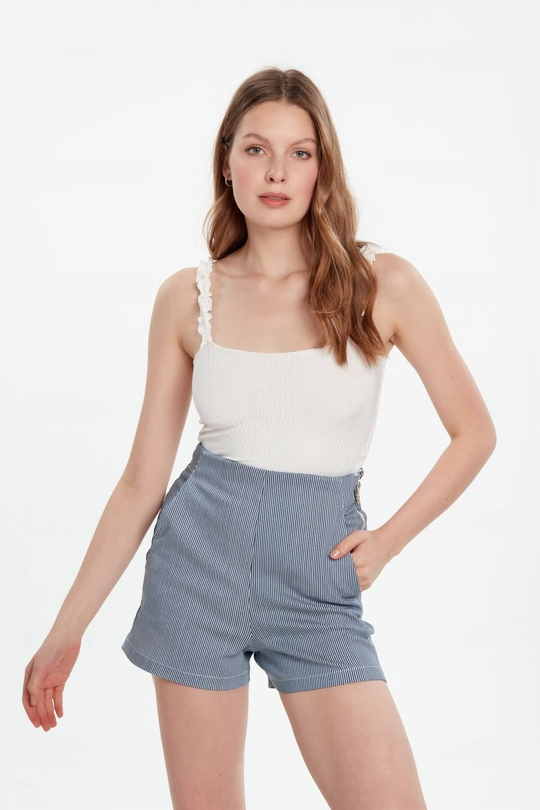 Lacivert beyaz çizgili yüksek bel klasik şort