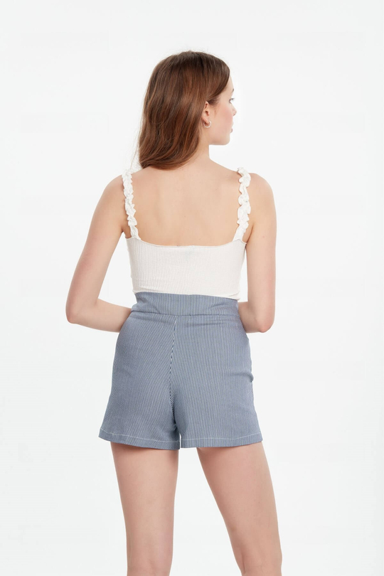 Lacivert beyaz çizgili yüksek bel klasik şort