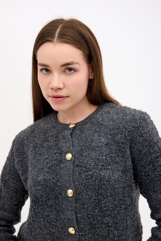 Önden Altın Düğme Detaylı Havlu Kumaş Koyu Gri Füme Triko