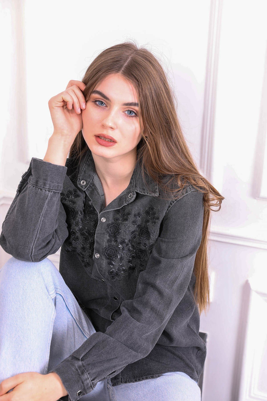 Önü İşleme detaylı kot gömlek - Antrasit