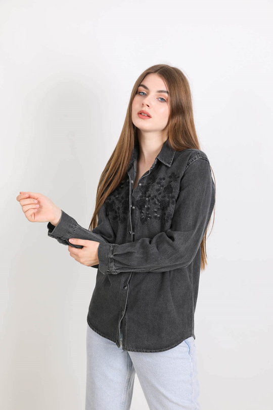 Önü İşleme detaylı kot gömlek - Antrasit