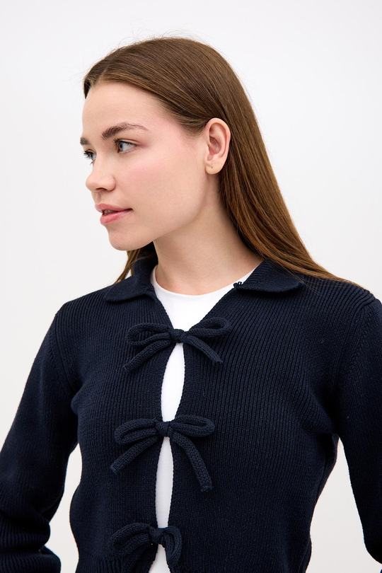 Pamuk Crop Polo Yaka Bağcıklı Kurdele Detaylı Lacivert Triko