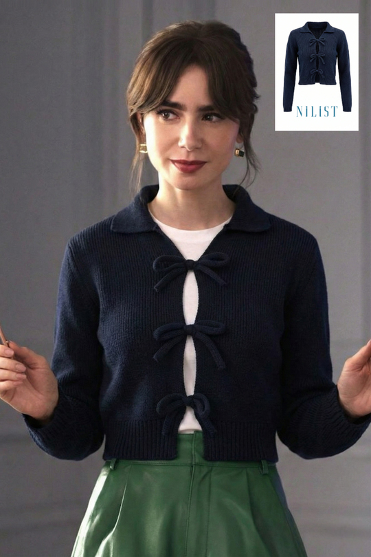 Pamuk Crop Polo Yaka Bağcıklı Kurdele Detaylı Lacivert Triko