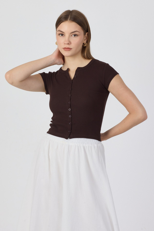 Pamuk Önden Düğmeli Kaşkorse Crop Bluz - Kahverengi