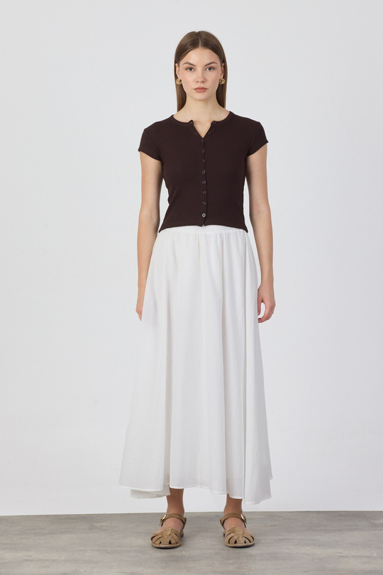 Pamuk Önden Düğmeli Kaşkorse Crop Bluz - Kahverengi