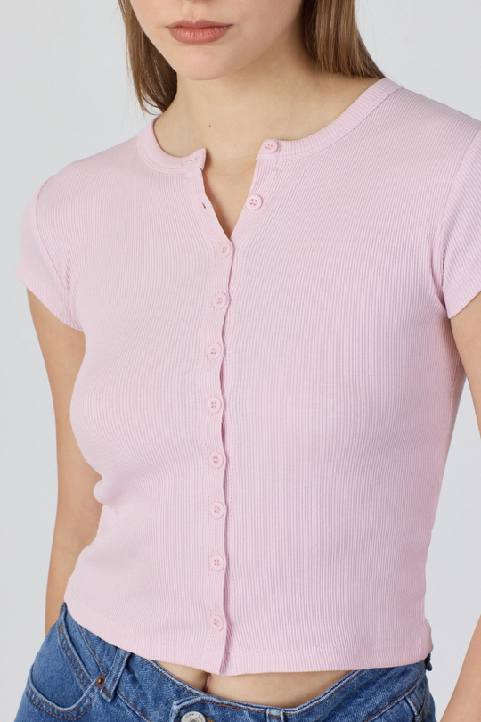 Pamuk Önden Düğmeli Kaşkorse Crop Bluz - Toz Pembe